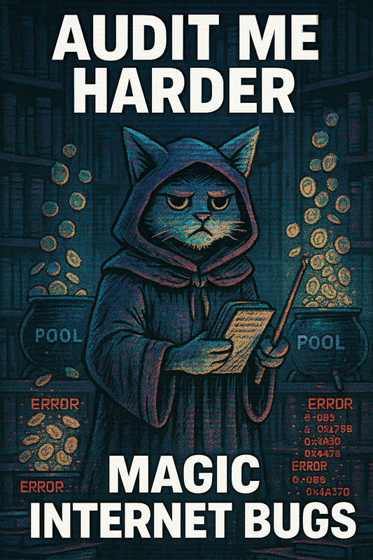 Wizard cat accountant in a glitchy library, DeFi “cauldrons” leaking funds into red error codes; text says AUDIT ME HARDER / MAGIC INTERNET BUGS; $SPELL, Abracadabra.