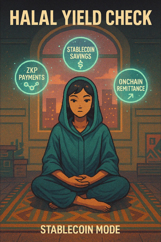 Calm anime figure in a minimalist loft with glowing stablecoin orbs for a Shariah-compliant bank concept; mentions $USDC $ETH L2.