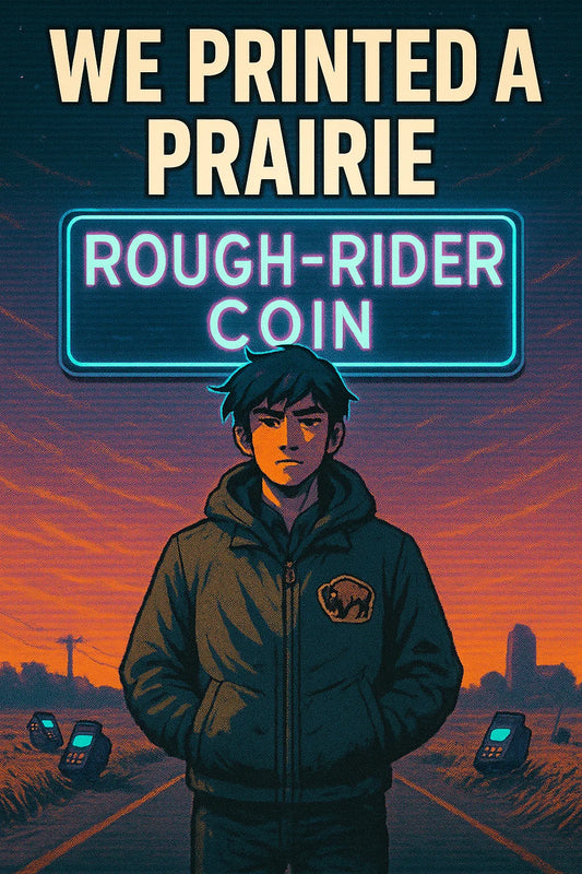 Anime park ranger under neon Roughrider Coin sign on a windy prairie with rolling payment terminals; state-backed stablecoin news; mentions $AVAX ecosystem indirectly if needed, general crypto; no tickers required.