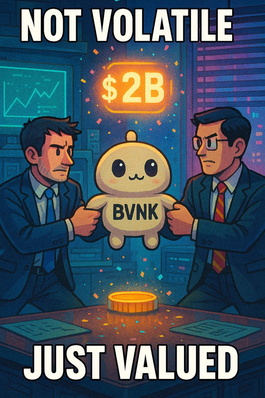 Two suits tug a chibi stablecoin plush labeled BVNK as $COIN and Mastercard vie for a $2B deal in a neon boardroom.