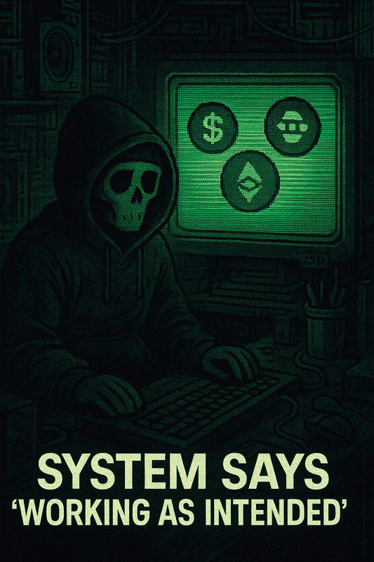 A calm rektguy-style trader under CRT glow staring at USDE, BNSOL, WBETH icons wobbling; Binance depeg update; ETH, SOL ecosystems.