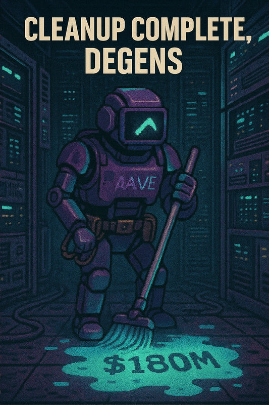 Robot janitor in a DeFi server room mops up “$180M” liquidation puddles; calm vibe; reference to $AAVE protocol resilience.