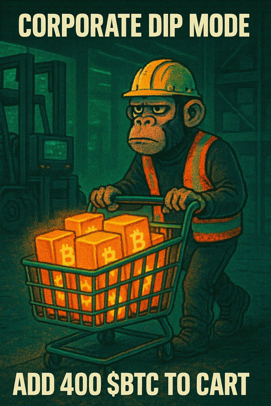 Ape-style miner pushes a cart of glowing bitcoins through a noir warehouse; captions CORPORATE DIP MODE and ADD 400 $BTC TO CART; reference $BTC and MARA.