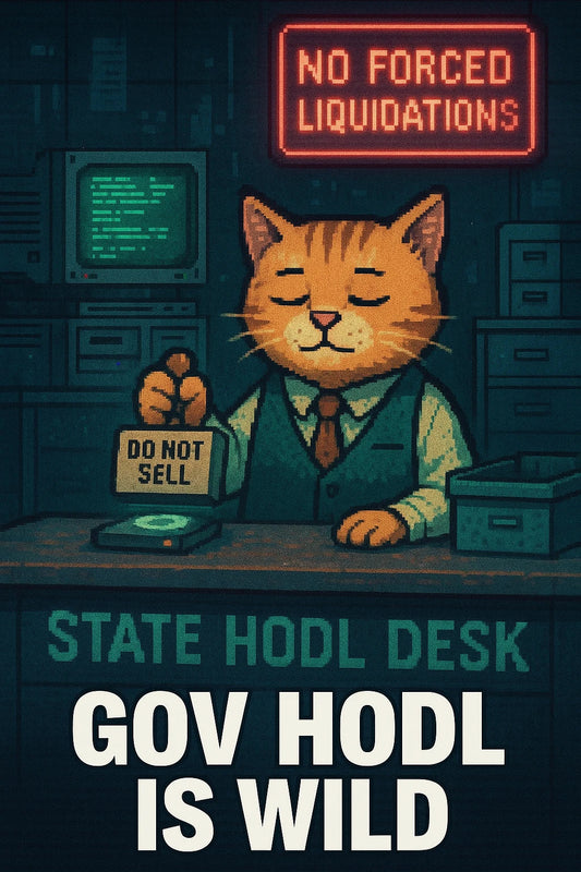 Anime clerk cat at a pixel-noir “State HODL Desk” stamping “Do Not Sell” on a hardware wallet; cozy cyberpunk office; references to $BTC and $ETH custody rules.