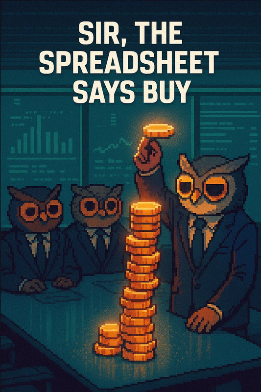 Boardroom of pixel owls stacking $BTC coins as corporate treasuries hit ~$117B; institutional conviction theme; references $BTC and treasury strategy.