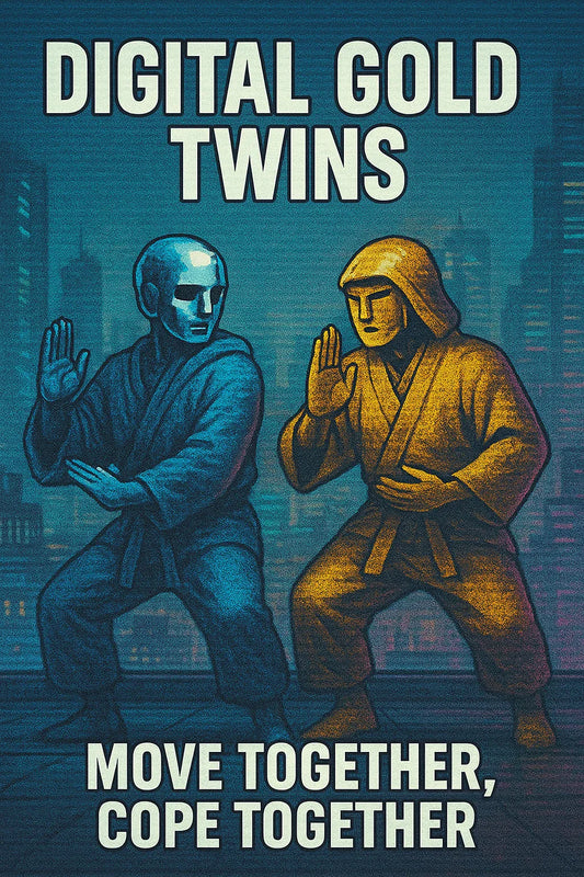 Chrome cyber monk and gold samurai doing synchronized tai chi under CRT haze; visualizing high correlation of $BTC with gold; rooftop, soft neon glow.