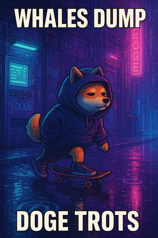 Hoodie Shiba on neon street after $DOGE whale dump; calm vibes as price holds range; cozy cyberpunk scene.