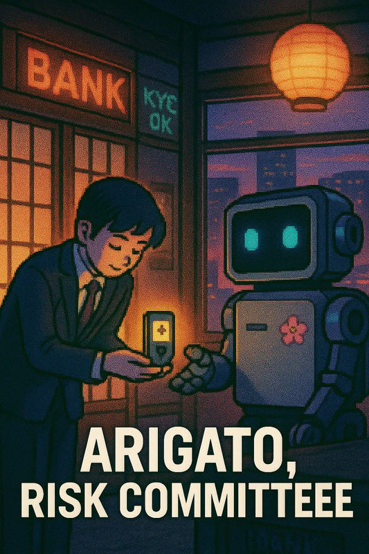 Serene Tokyo bank scene where an anime banker hands a hardware wallet to a robot vault as Japan weighs letting banks hold $BTC; tickers: $BTC $ETH.