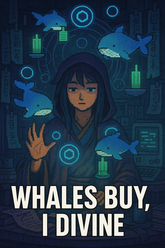 Oracle-mage summoning blue LINK sigils while cute voxel whales circle and green candles float; nods to $LINK whale accumulation driving the bounce.