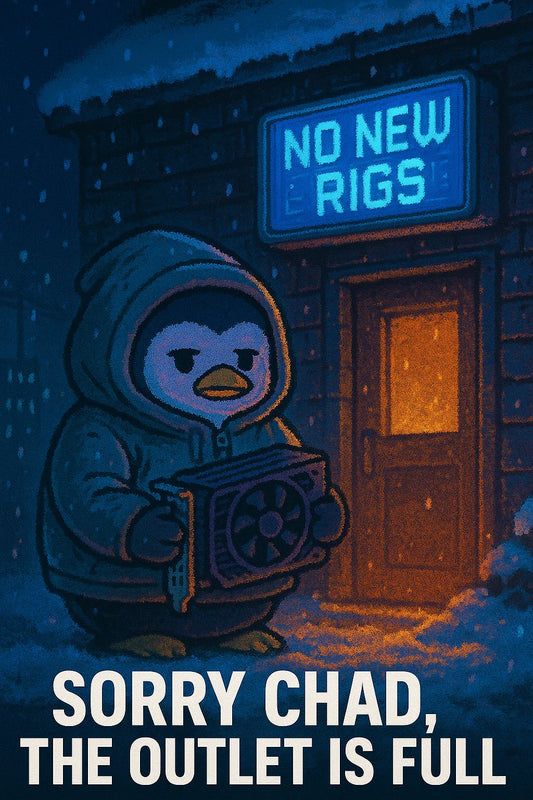 Parka-clad penguin character holding a powerless GPU outside a BC substation with sign “No New Rigs”; story about permanent ban on new crypto-mining grid connections; tickers: $BTC, $MARA, $RIOT.