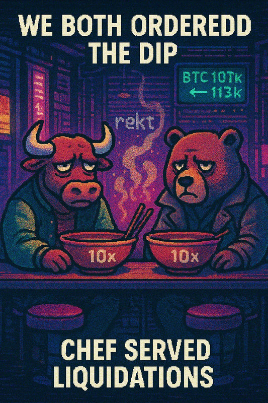 A cozy neon ramen shop at 2am where a bull and a bear stare at empty bowls labeled 10x after a BTC whipsaw that liquidated $657M in longs and shorts; mentions: $BTC, $ETH, $SOL futures.