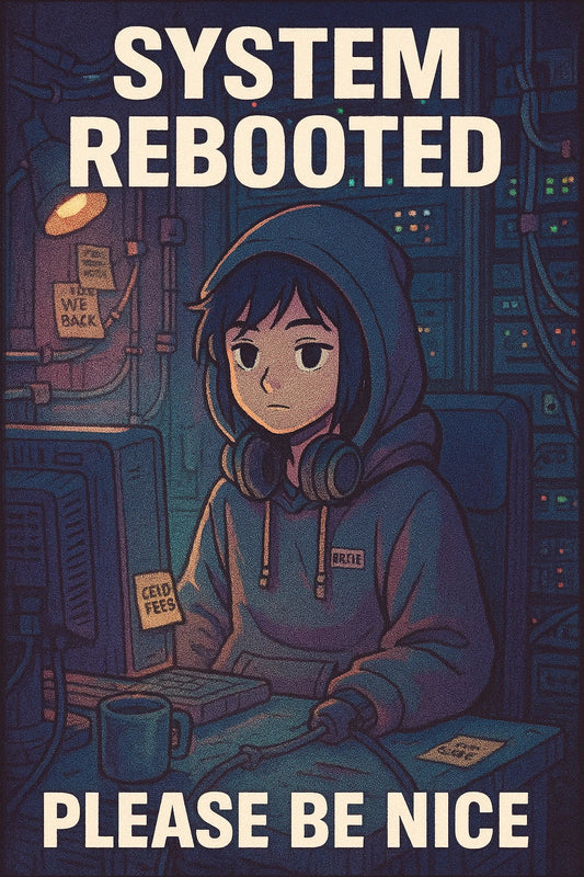 Cozy cyberpunk engineer at exchange desk announcing restart after $230M hack; taped cables, blinking routers, caption reads SYSTEM REBOOTED; $WRX exchange comeback.