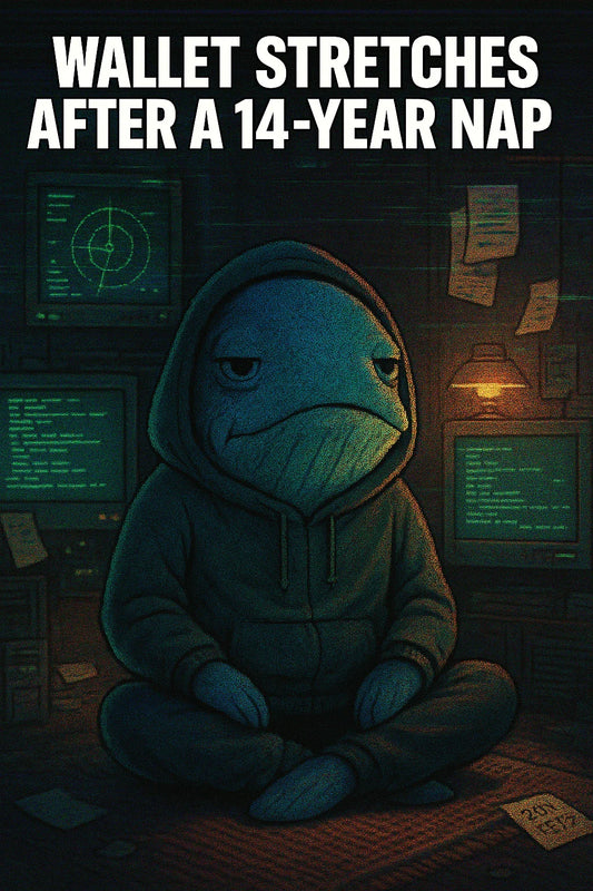 Anime-noir whale-hoodie character in a CRT-lit room as an old BTC miner wallet “wakes,” terminal logs scroll; includes tickers $BTC, mentions early “OG” miner wallet and quantum-risk chatter.