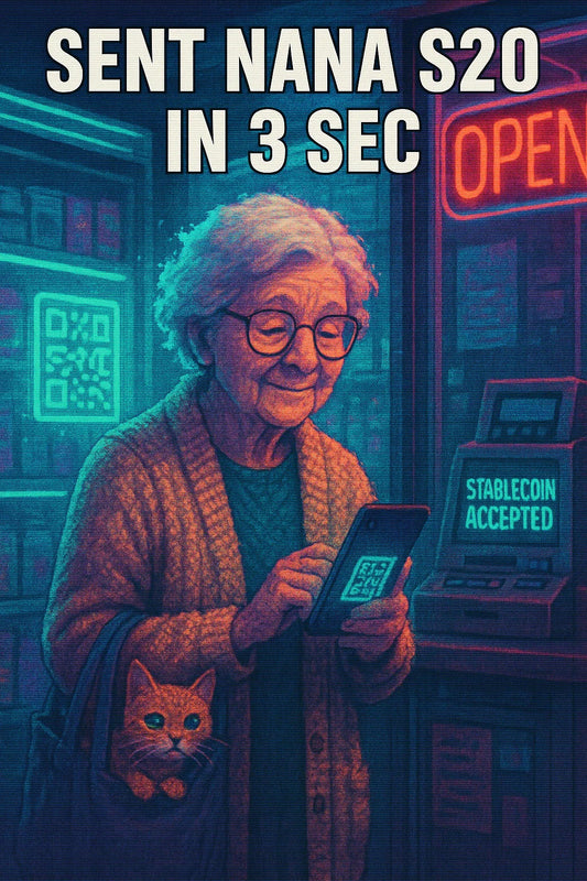Vertical meme of a grandma using a phone to send a stablecoin remittance; cozy cyberpunk bodega background; references $USDC, cross-border payments, Zelle integration; gentle CRT scanlines.