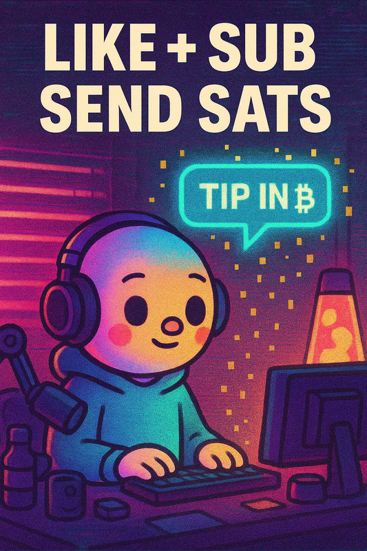 Cartoon creator in neon studio with a TIP IN ₿ bubble and pixel confetti; highlights BTC tipping rollout for creators; trending: $BTC, Bitcoin tipping.