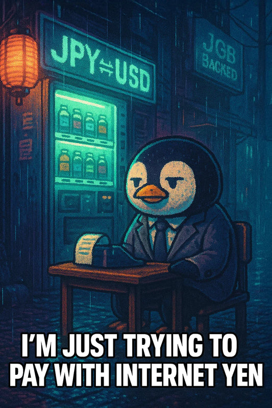 A suited penguin at a neon alley kotatsu uses a JPYC vending machine, nodding to a yen stablecoin launch; references $BTC $ETH stablecoins and on-chain USD/JPY.