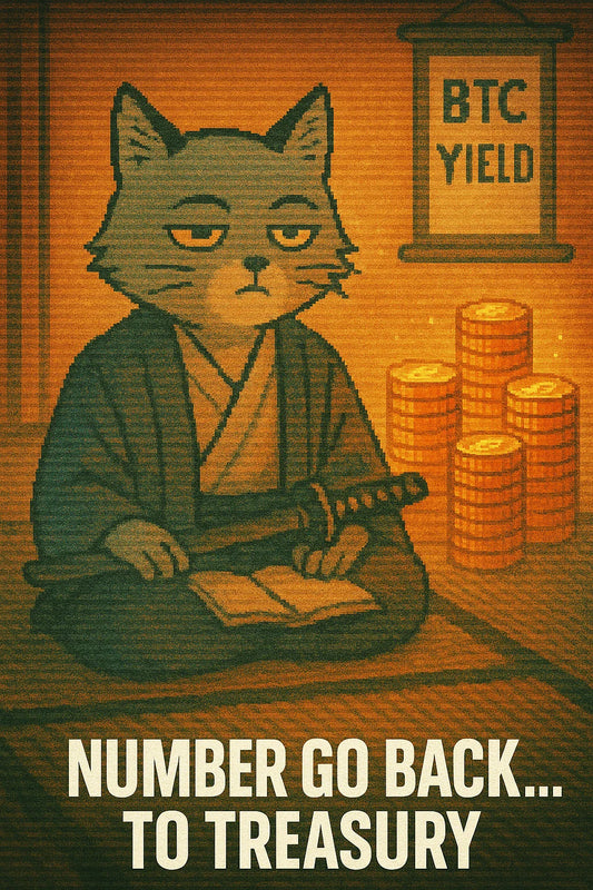 Calm CFO cat in a tatami trading dojo stacks orange coins as Metaplanet funds buybacks with BTC-backed credit; $BTC, treasury meme.