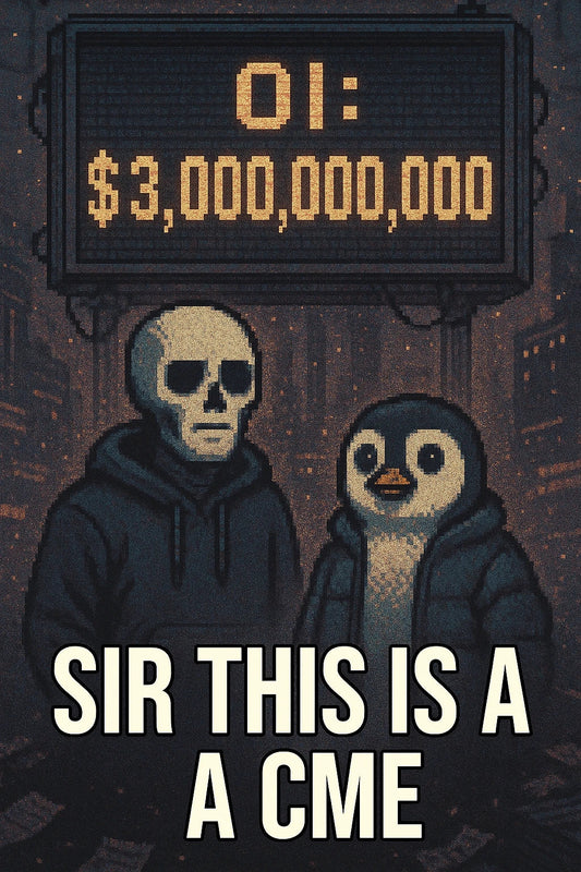 Deadpan duo on pixelated trading floor under flip-board showing $3B OI; celebrates regulated $XRP and $SOL futures demand on CME.