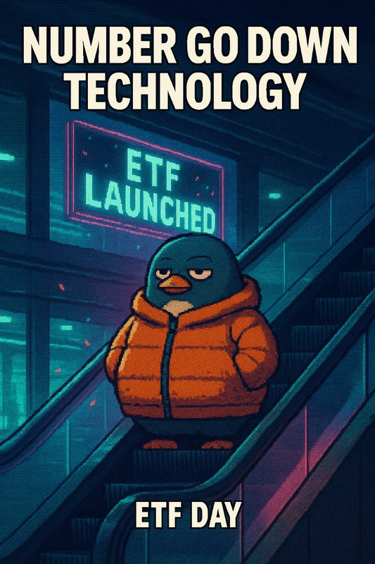 A penguin-like character rides a descending escalator under a neon ETF LAUNCHED sign as $SOL price metaphorically drops; confetti, CRT glow, analog-glitch.