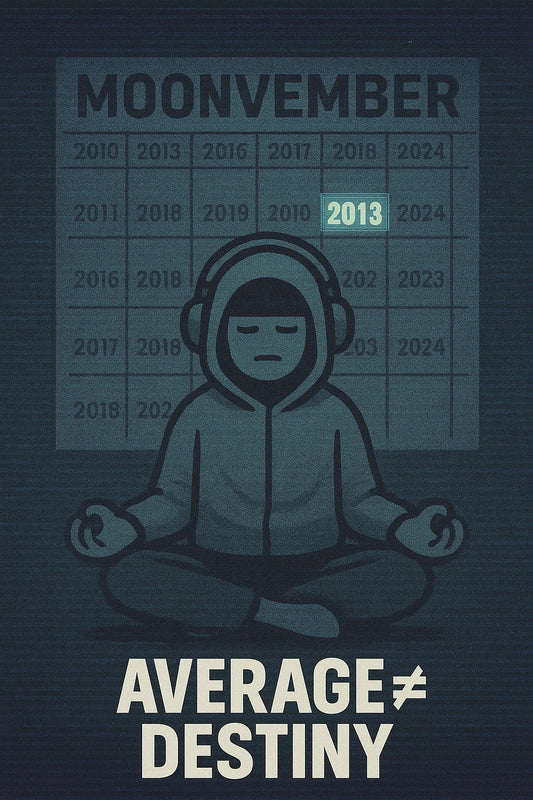 Meditating figure before a MOONVEMBER calendar where only 2013 glows; analog-glitch grain; caption AVERAGE ≠ DESTINY; mentions $BTC seasonality