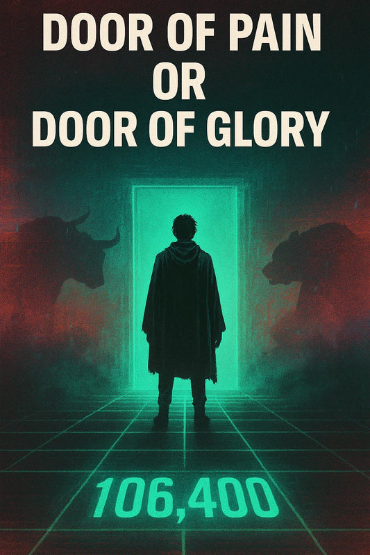 Stoic hero at glowing “106,400” Bitcoin threshold choosing bull or bear path; techno-dream haze; $BTC price pivot tension.