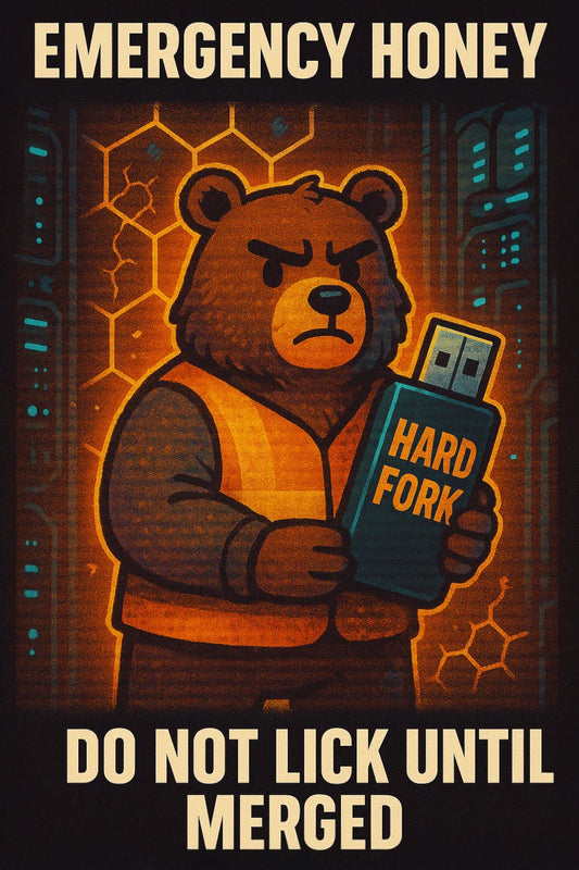 Cartoon validator bear deploying a hard-fork patch amid Balancer V2 exploit fallout on Berachain; neon server honeycombs; captions about emergency honey; mentions Balancer, Berachain, $ETH.