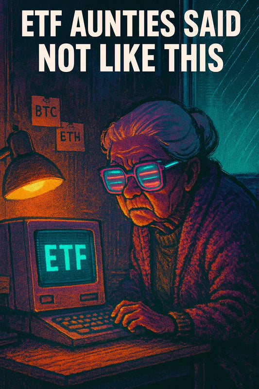Neon-glasses grandma rage-clicks an old ETF terminal in a cozy cyber room as tickers $BTC and $ETH slide; caption reads ETF AUNTIES SAID NOT LIKE THIS.