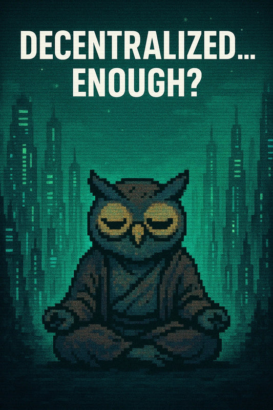 Calm pixel owl meditating as Solana validator towers thin out; cozy cyberpunk haze; $SOL decentralization debate; vertical meme, outlined caption.