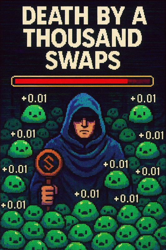 Pixel arcade scene of a DeFi mage losing HP to many tiny swap attacks referencing the Balancer ~$120M exploit; $BAL $ETH DeFi.