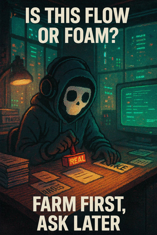 Vertical meme: hoodied analyst in neon office stamping Polymarket trades REAL or FAKE per study saying ~25% wash trading; captions question flow vs foam; reference $USDC platform use.