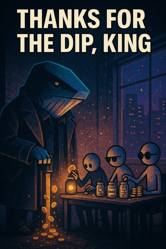 Low-poly whale dumps coins while small holders stack at a kitchen table; pixel-noir glow; on-chain data shows whales selling and minnows accumulating $BTC.