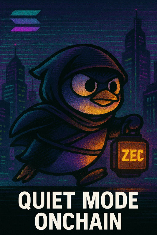 A ninja penguin holds a glowing ZEC lantern while gliding over a neon Solana city; privacy meets speed for $ZEC on $SOL DeFi.