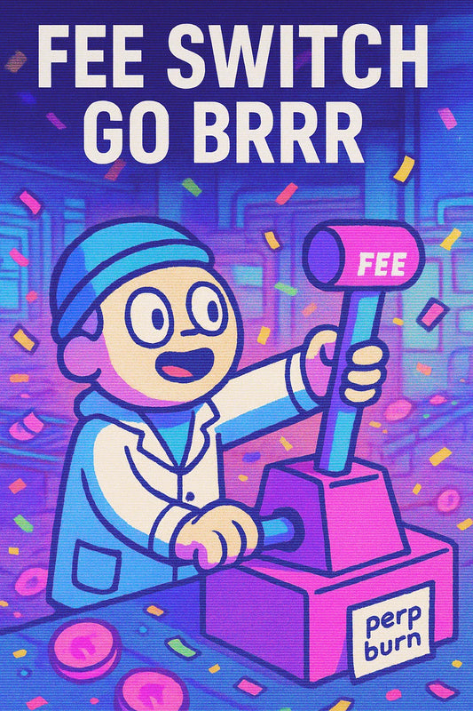 Cartoon dev pulls massive lever labeled Fee Switch in a neon AMM factory as $UNI tokens fly; theme: Uniswap fees and token burn.