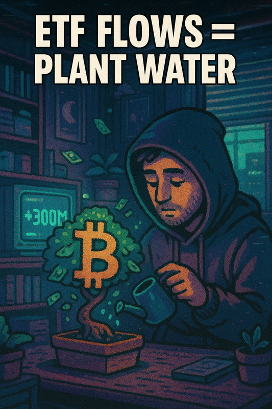 A calm trader waters a bonsai shaped like the BTC logo as a screen shows +$300M ETF inflows; $BTC ETF, $IBIT, buy-the-dip vibes.