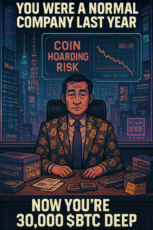 Anime-style CEO in a Tokyo boardroom wearing a suit covered in $BTC logos, surrounded by stacks of hardware wallets and treasury boxes, while a hologram from the Japan Exchange Group warns about coin-hoarding digital asset treasury stocks.