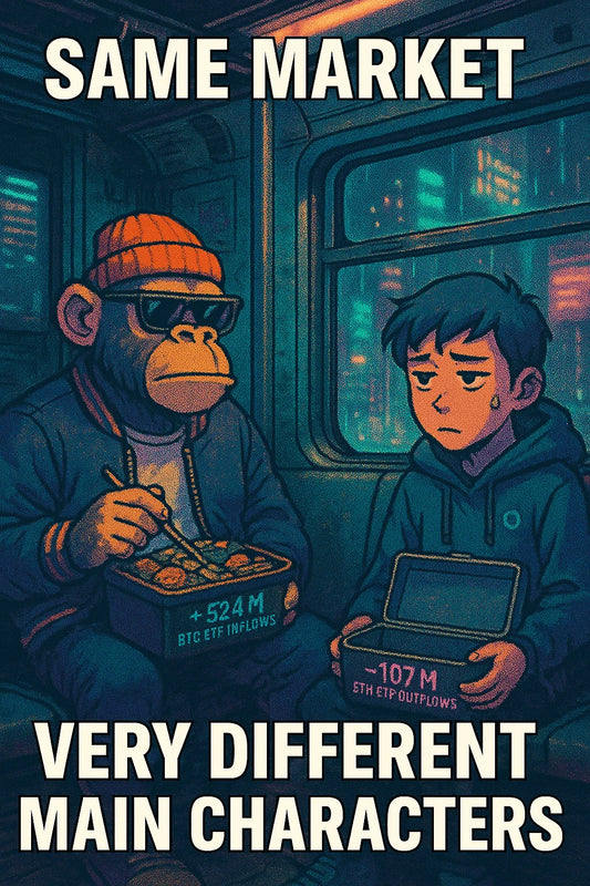 Vertical cozy-cyberpunk meme showing a confident “BTC Chad” eating a huge bento labeled +524M BTC ETF inflows while a tired “ETH Dev” stares at an empty box labeled -107M ETH ETF outflows, illustrating the sentiment split between $BTC and $ETH ETFs.