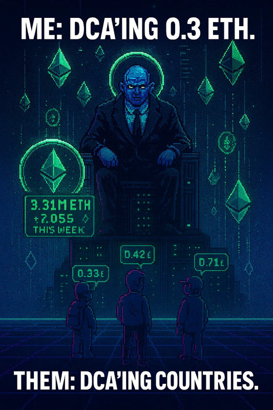 Vertical techno-dream illustration of a giant corporate “ETH whale” in a suit sitting on a glowing server throne surrounded by holographic coins labeled 3.31M $ETH, while tiny traders with 0.3–0.7 $ETH look up from a neon grid floor.