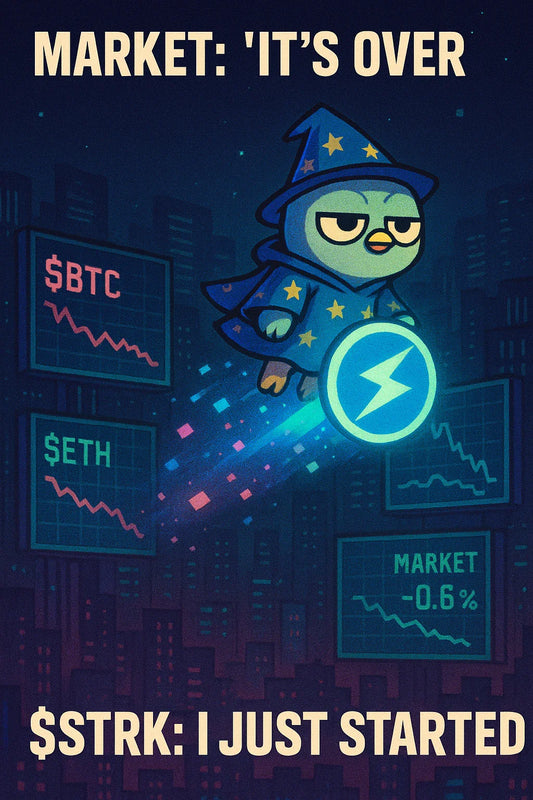 Vertical meme of a chibi wizard bird riding a glowing StarkNet disk labeled $STRK soaring upward above dull red and sideways $BTC, $ETH, $SOL charts, symbolizing $STRK pumping 35% while the overall crypto market is slightly down.