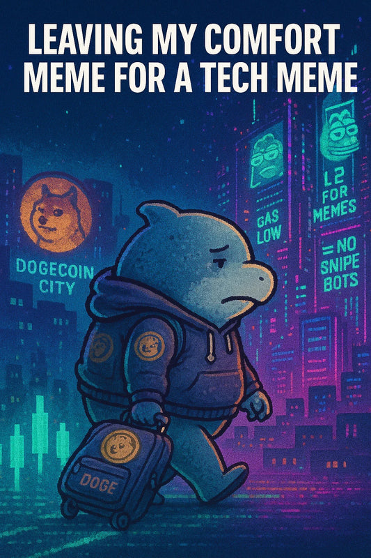 Vertical cozy-cyberpunk scene of a hoodie-wearing whale with $DOGE patches dragging a suitcase of dog coins toward a glowing Little Pepe $LILPEPE Layer-2 frog city across a candlestick bridge, with big caption “LEAVING MY COMFORT MEME FOR A TECH MEME.”
