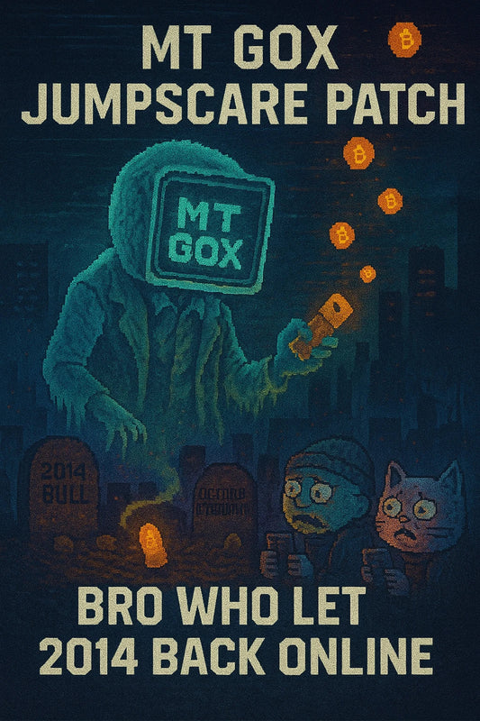 Vertical ghostly scene of a rekt-looking Mt Gox spirit with a CRT head labeled “MT GOX” calmly streaming pixelated $BTC from a glowing USB wallet over a graveyard of old exchanges while tiny traders panic below.