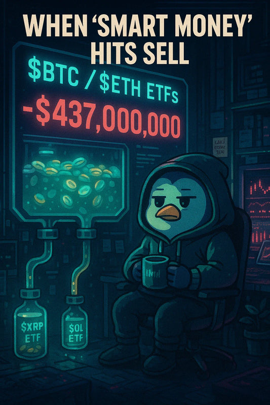 Retro-futuristic meme image of a tired penguin trader in a neon trading room watching a huge glowing tank labeled “$BTC / $ETH ETFs” dump out “-437,000,000”.