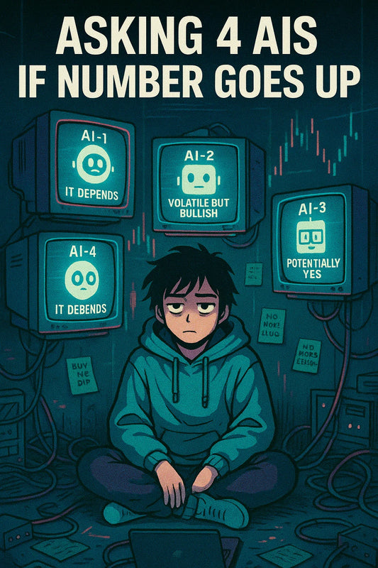 Vertical meme art of a tired $BTC trader in a cluttered digital room surrounded by four glowing AI screens giving vague bullish answers about Bitcoin reclaiming $100K, representing CT asking chatbots for hopium.