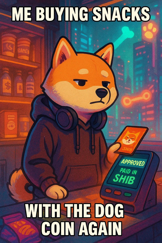Vertical cozy cyberpunk scene of an anime Shiba in a hoodie tapping a glowing SHIB debit card at a store terminal that says “PAID IN $SHIB,” with captions “ME BUYING SNACKS” and “WITH THE DOG COIN AGAIN.”