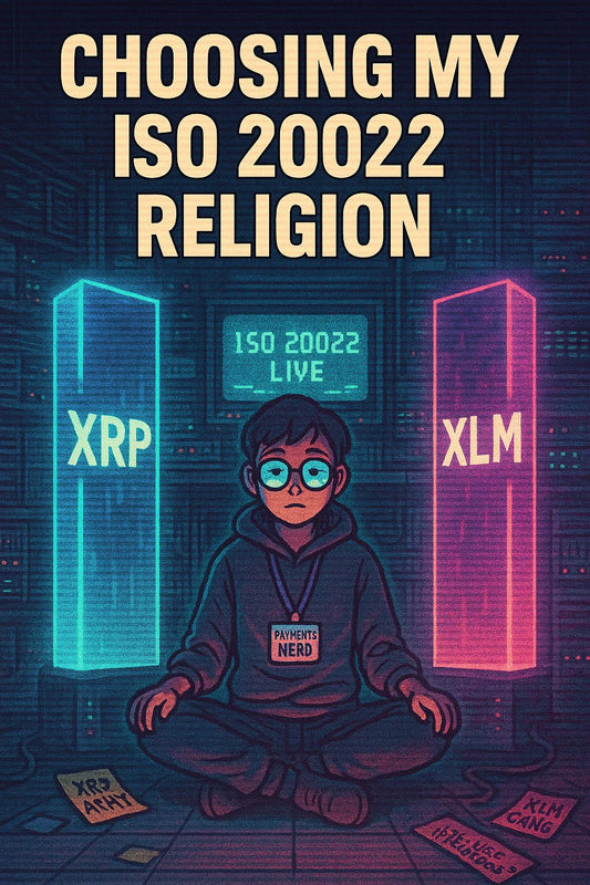 Vertical ISO 20022 meme showing a calm trader meditating between glowing $XRP and $XLM monoliths in a cyberpunk server room with the caption choosing my ISO 20022 religion.