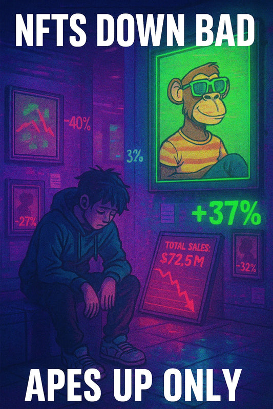 Vertical vaporwave NFT gallery where a tired trader stares at red floor charts while a glowing green ape NFT labeled +37% floats above, tied to $ETH and BAYC vibes.