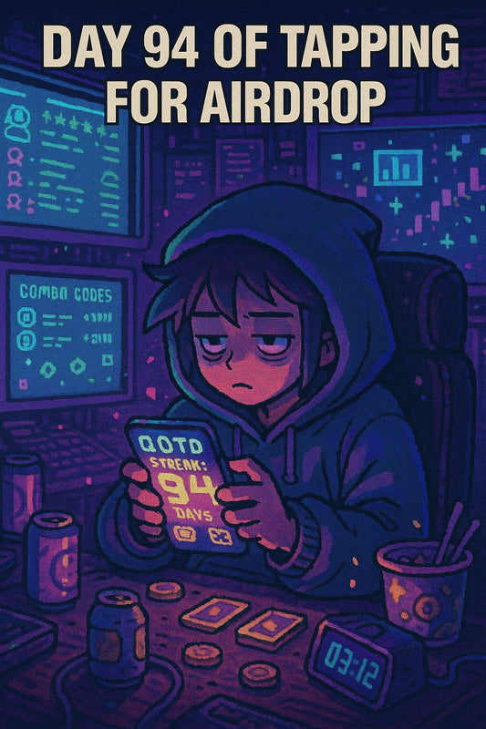 Anime-style degen spamming a phone as $DROPEE tap-to-earn meters and streak counters glow in a cluttered neon gaming room