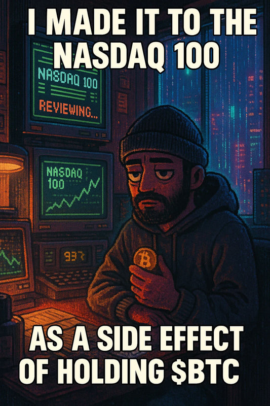 Burnt-out trader watches $MSTR flicker on a Nasdaq 100 screen while $BTC charts glow on CRT monitors.