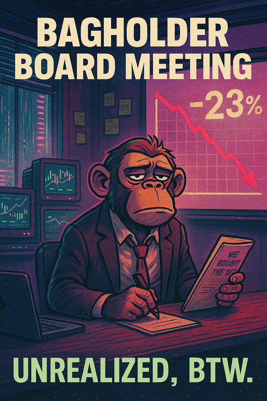 A tired exec stares at a red chart in a neon office as $BTC treasury losses flash on screen; coping mode on.