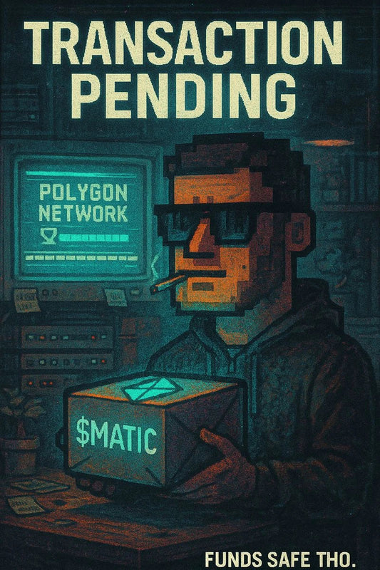 Crypto courier waits on frozen $MATIC/$POL send; Coinbase shows Polygon delayed transactions on a glowing CRT screen.