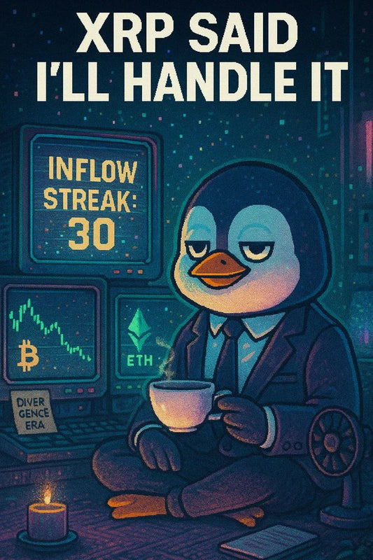 Suit penguin watches $XRP ETF inflow streak hit 30 while $BTC/$ETH slump on side CRT monitors.